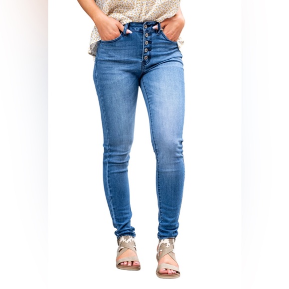 KanCan High Rise Button Fly Skinny Jeans Size 5/26 Medium Wash - Picture 4 of 10